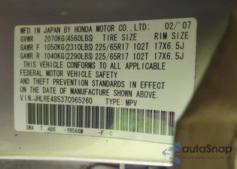 2007 Honda Cr-V Ex from USA, damaged, VIN JHLRE48537C065260